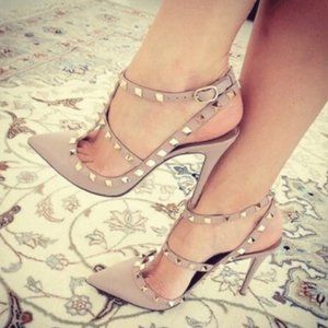 FSJ Nude Studs Shoes Slingback T Strap Stiletto
